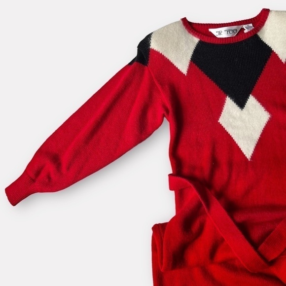 Vintage 80s Red Knit Sweater Dress Geometric Colorblock Mod XS - Picture 6 of 13